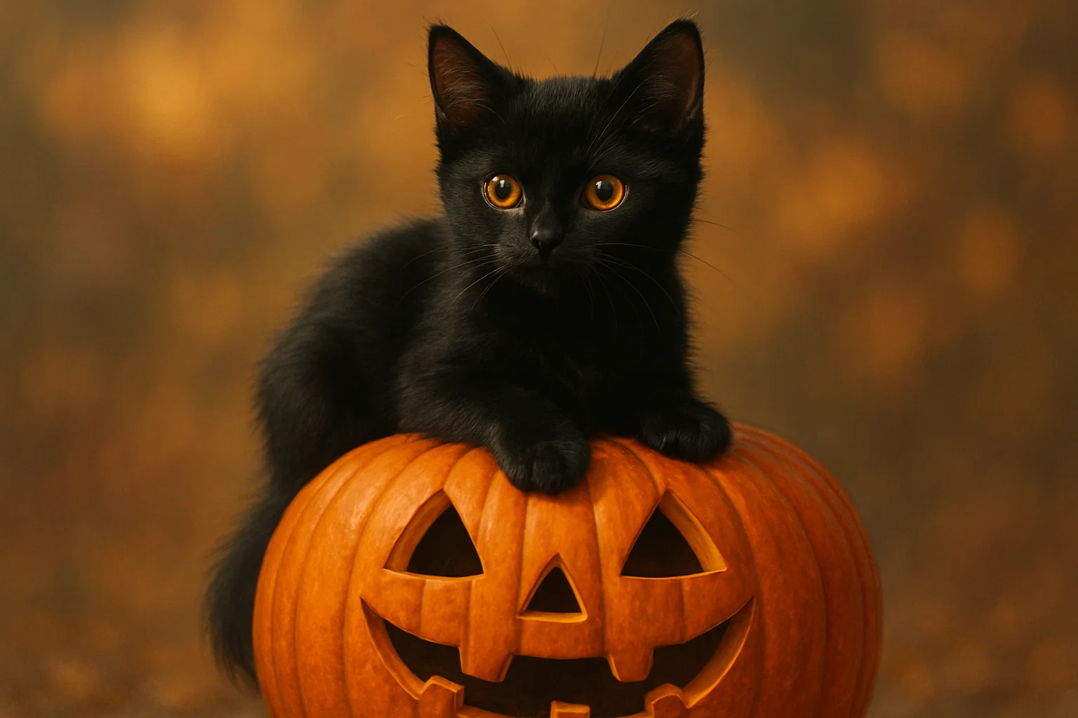 Cute black kitten with golden eyes sitting on a pumpkin – Black Cat Names