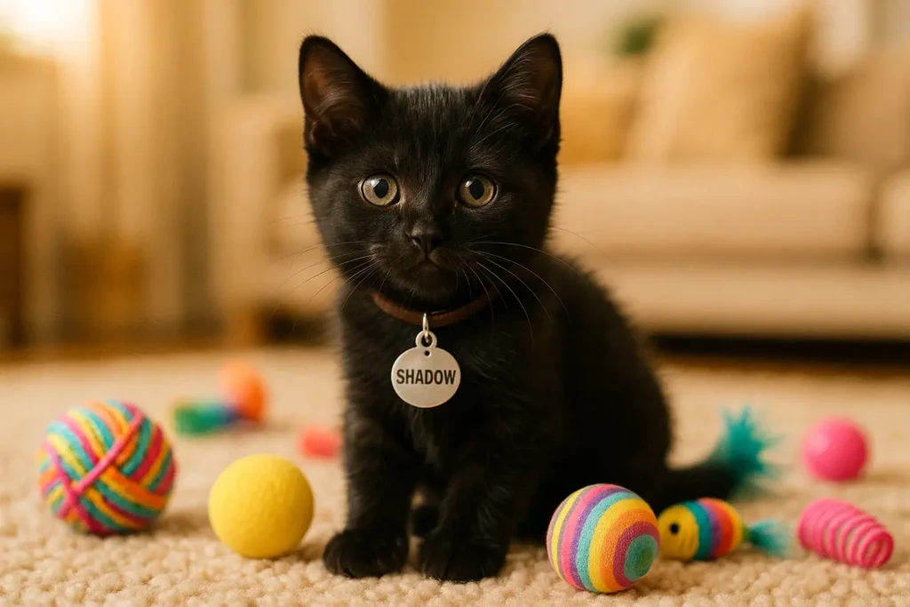Playful black kitten with toys wearing a name tag – cute and funny black cat names