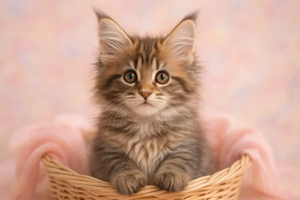 Adorable Maine Coon kitten with big amber eyes sitting in a basket, representing cute name ideas for gentle giant cats.