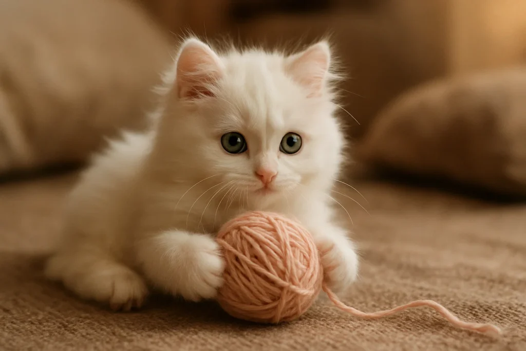 Adorable fluffy white kitten playing with yarn, inspiration for cute white cat names