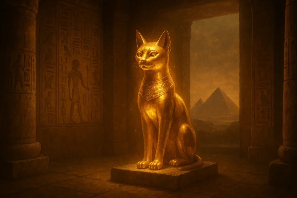 Cat statue in Egyptian temple, representing Egyptian mythology cat names.