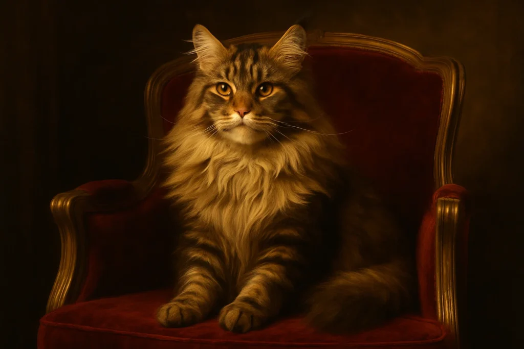 Majestic Maine Coon cat sitting on a velvet chair with dramatic lighting, ideal for elegant and regal cat names.