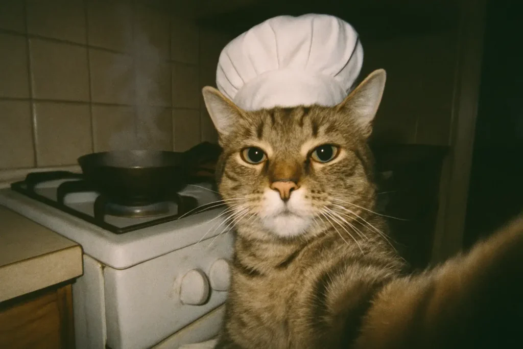 Cat taking a selfie while cooking, representing food-inspired funny cat names