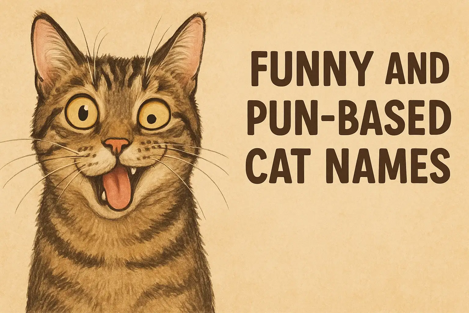 Goofy cat making a silly face, blog header for funny and pun-based cat names.
