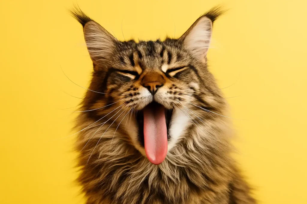 Silly Maine Coon cat mid-yawn with tongue out, a funny photo matching quirky cat name ideas.