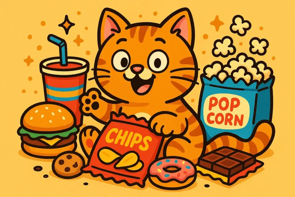 Cartoon-style orange cat with snacks for funny orange cat names inspiration.