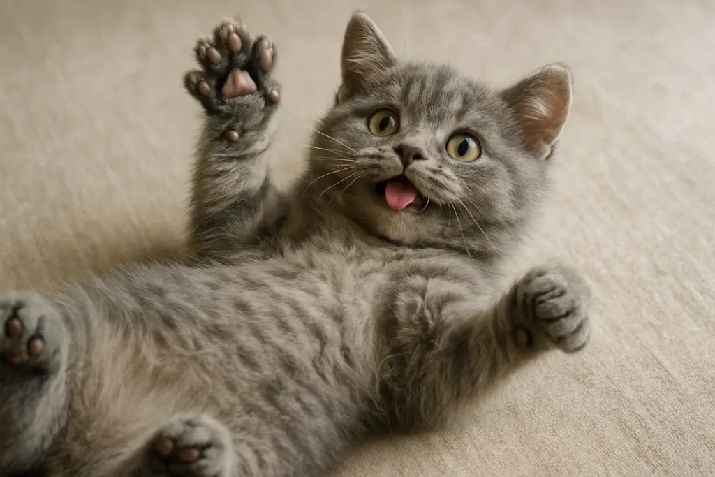 Playful grey kitten lying on back, representing gender-neutral kitten names
