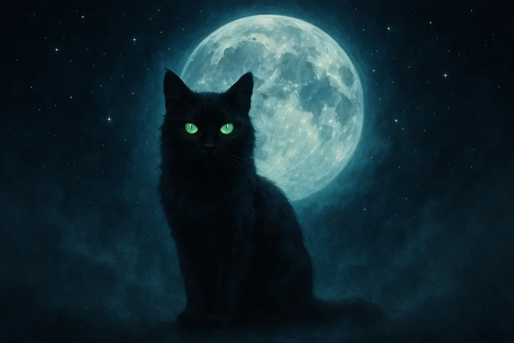 Mystical black cat with glowing green eyes sitting under a full moon – magical black cat names