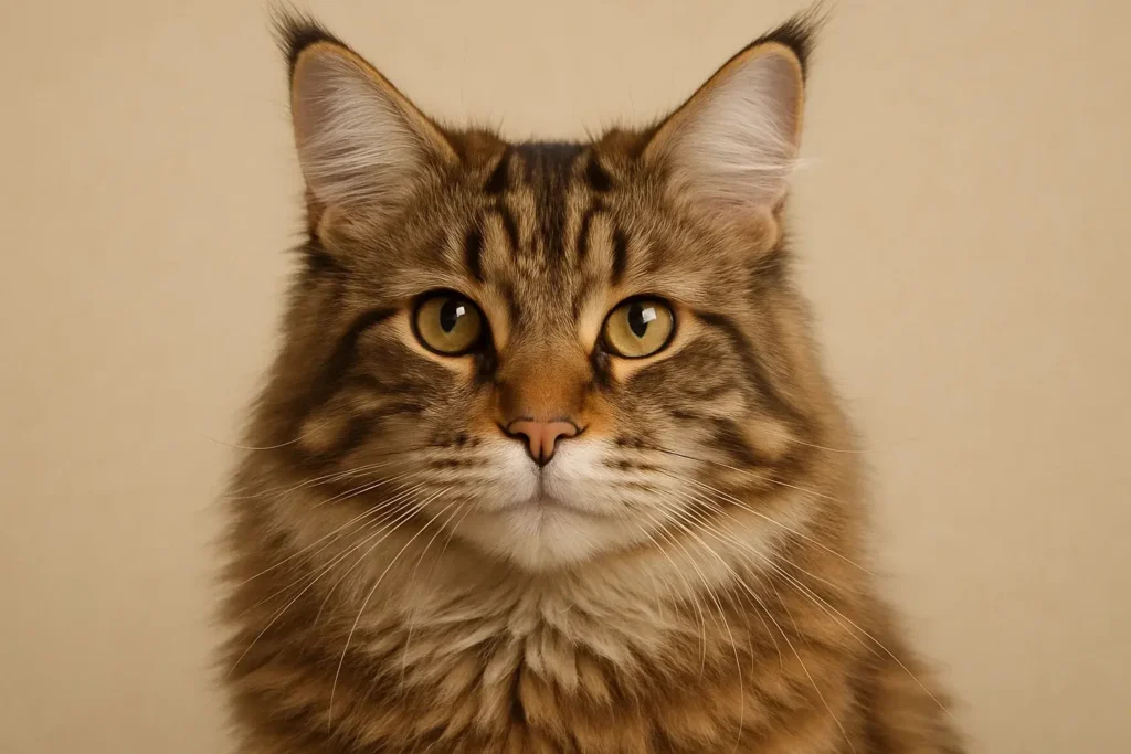 Close-up portrait of a Maine Coon cat with tufted ears and gentle golden eyes, representing the beauty of choosing the perfect cat name.