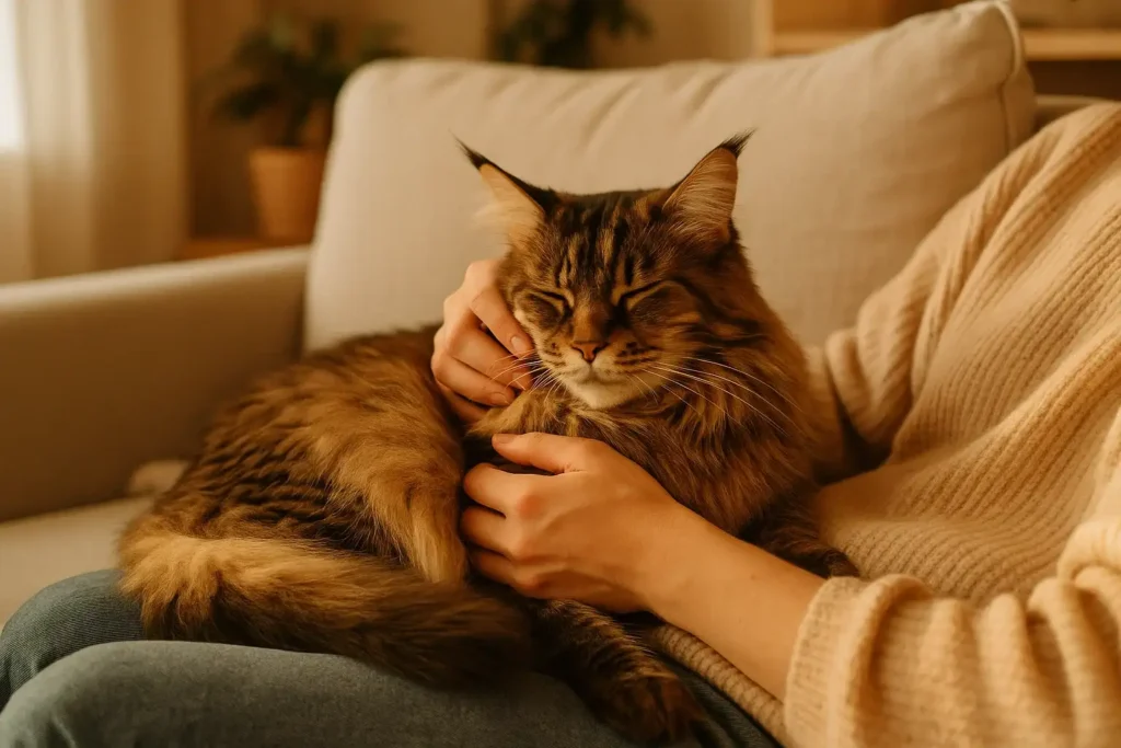 Maine Coon cat cuddling with its owner on a sofa, highlighting the loving bond between cats and humans.
