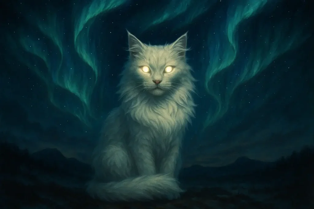Fantasy white cat under northern lights, inspiration for magical and mythological white cat names.