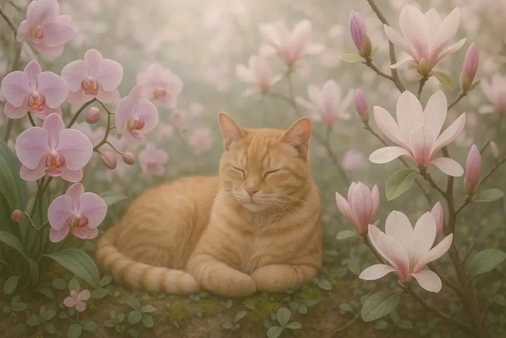 Cat resting in a garden of orchids and magnolias, inspiration for nature-inspired elegant cat names