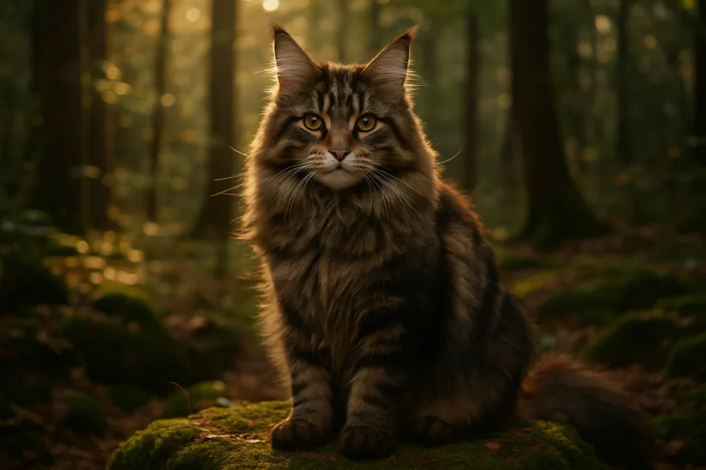 Maine Coon cat sitting on a mossy rock in the forest with sunlight streaming through trees, matching nature-inspired cat names.