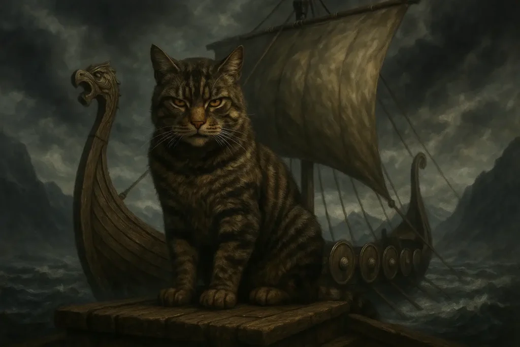 Cat with Viking-inspired setting, representing Norse mythology cat names