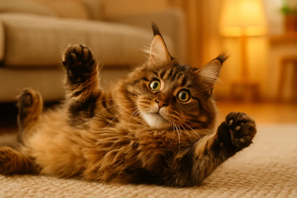Playful Maine Coon cat lying on its back with fluffy fur and tufted ears, showing personality for cat name inspiration.