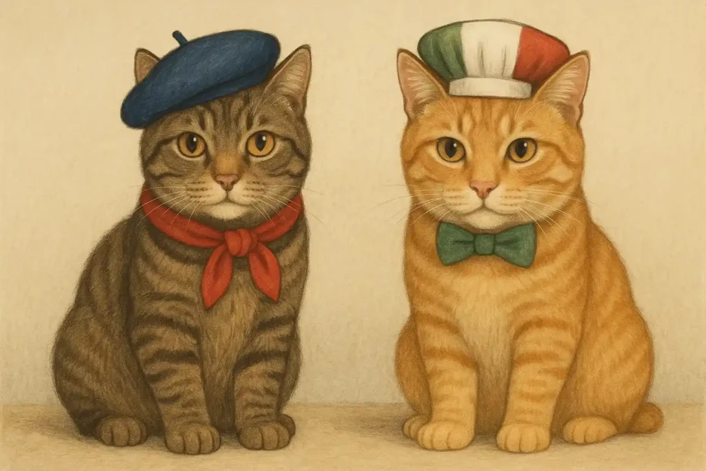 A cartoon image featuring French and Italian cats, representing international popular cat names such as Amélie, Bella, and Luigi