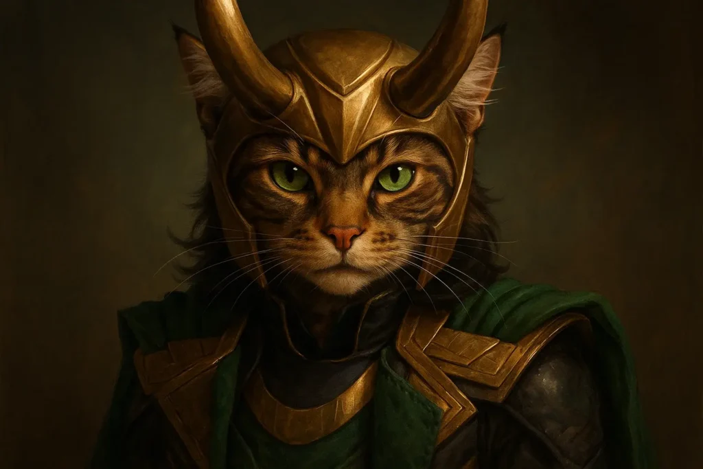 A cute cartoon cat styled like Loki from Marvel, used as an example of pop culture inspired popular cat names.