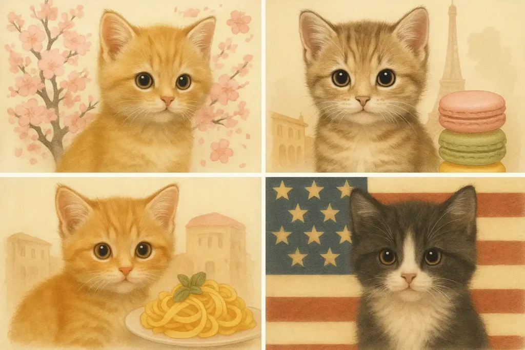 Collage of kittens with cultural symbols representing popular kitten names around the world