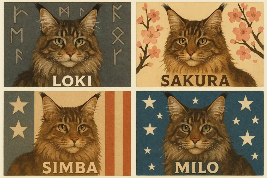 Collage of Maine Coon cats with cultural elements like Nordic runes, Japanese blossoms, and American stars, showing popular international cat names.