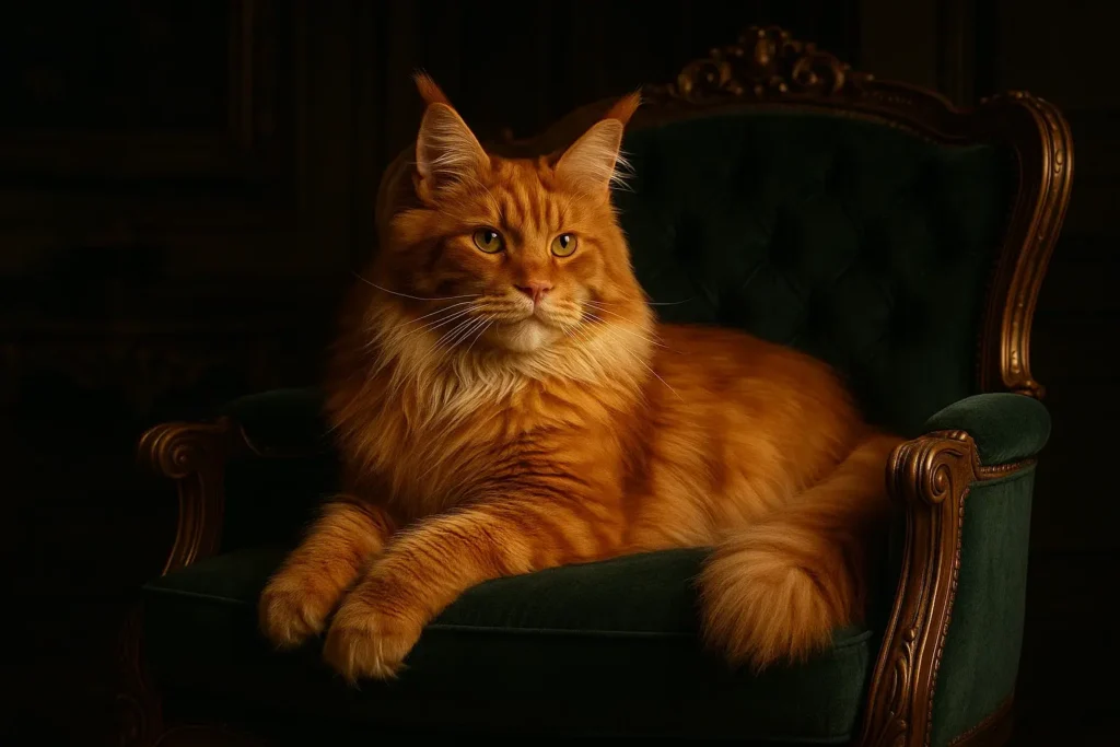 Regal orange Maine Coon cat lounging on a chair, inspiration for unique and majestic orange cat names.