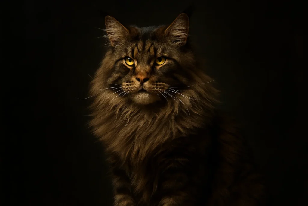 Large, muscular Maine Coon cat with lion-like mane and piercing golden eyes, symbolizing strong and powerful cat name inspiration.