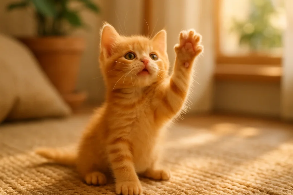 Playful ginger kitten reaching up, representing why cat names for kittens are perfect